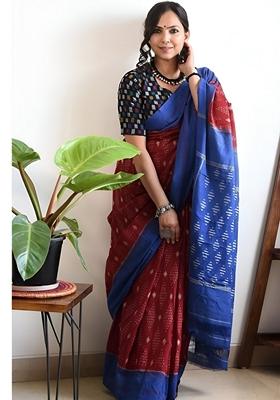 Brown Machine Embroidered Linen Saree Set