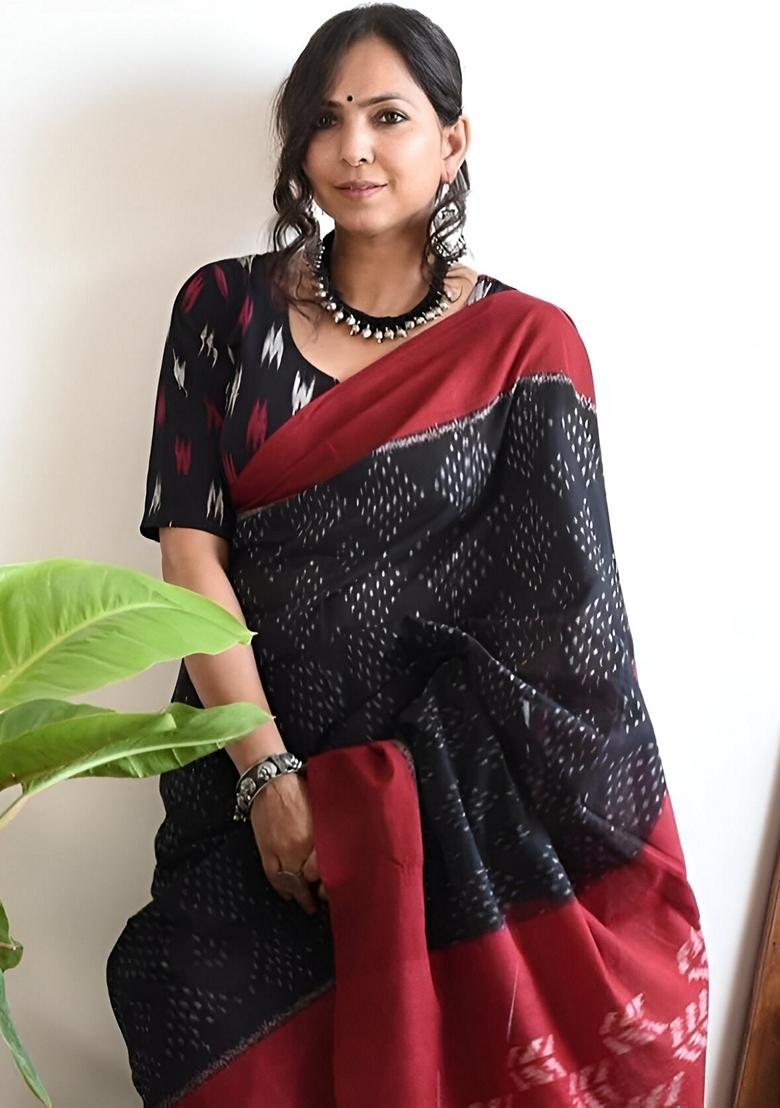 Black Machine Embroidered Linen Saree Set