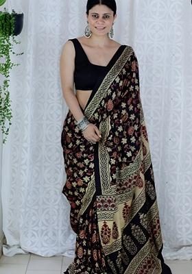 Black Machine Embroidered Chanderi Cotton Saree Set