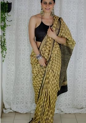 Yellow Machine Embroidered Chanderi Cotton Saree Set