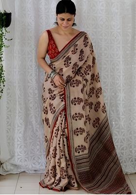 Cream Machine Embroidered Chanderi Cotton Saree Set