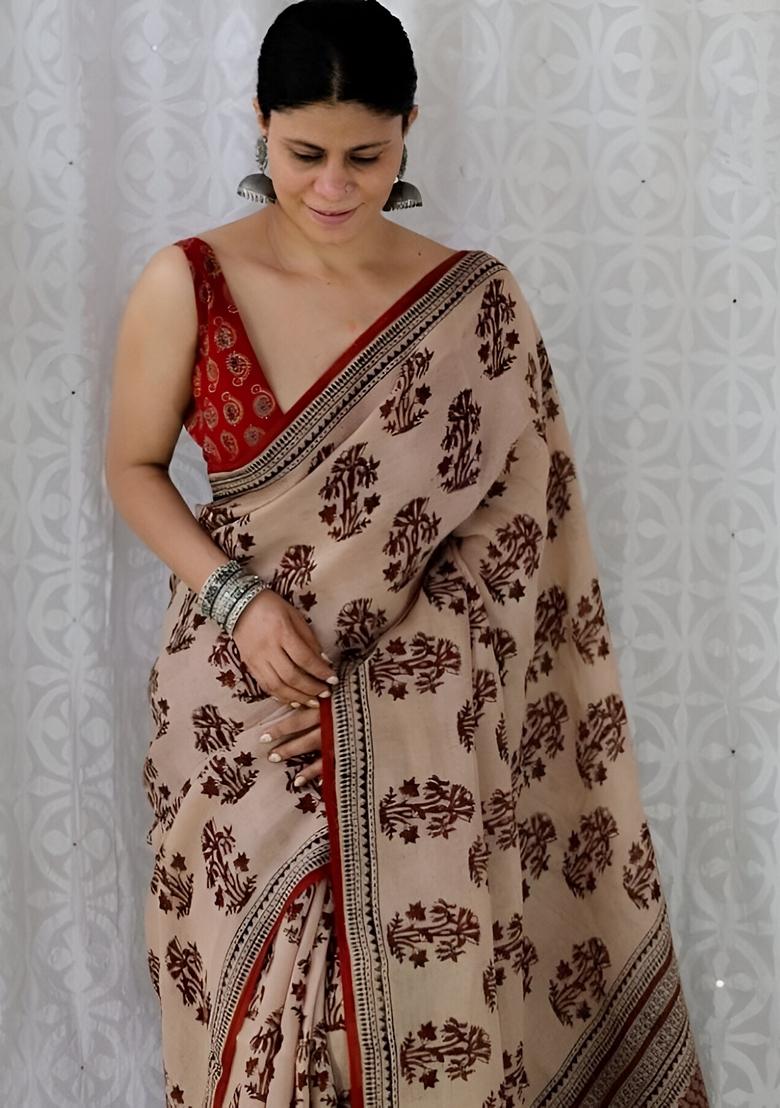 Cream Machine Embroidered Chanderi Cotton Saree Set