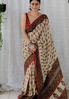 Cream Machine Embroidered Chanderi Cotton Saree Set