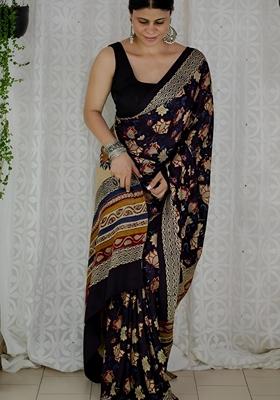 Blue Machine Embroidered Chanderi Cotton Saree Set