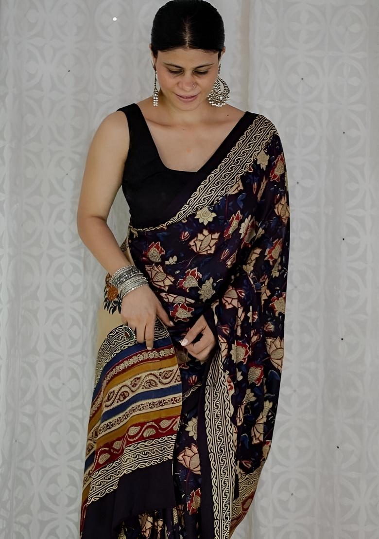 Blue Machine Embroidered Chanderi Cotton Saree Set