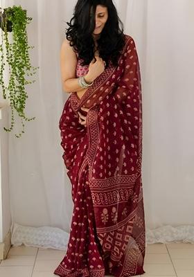 Maroon Machine Embroidered Chanderi Cotton Saree Set