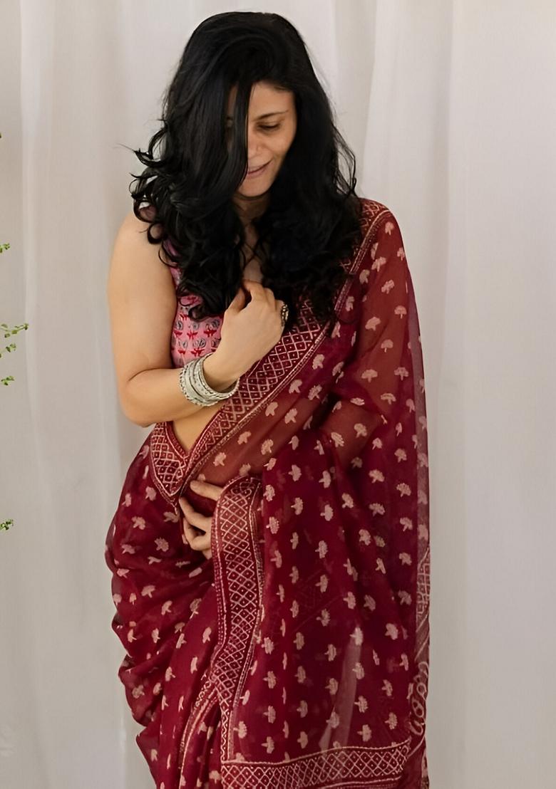 Maroon Machine Embroidered Chanderi Cotton Saree Set