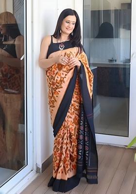 Cream Machine Embroidered Linen Saree Set