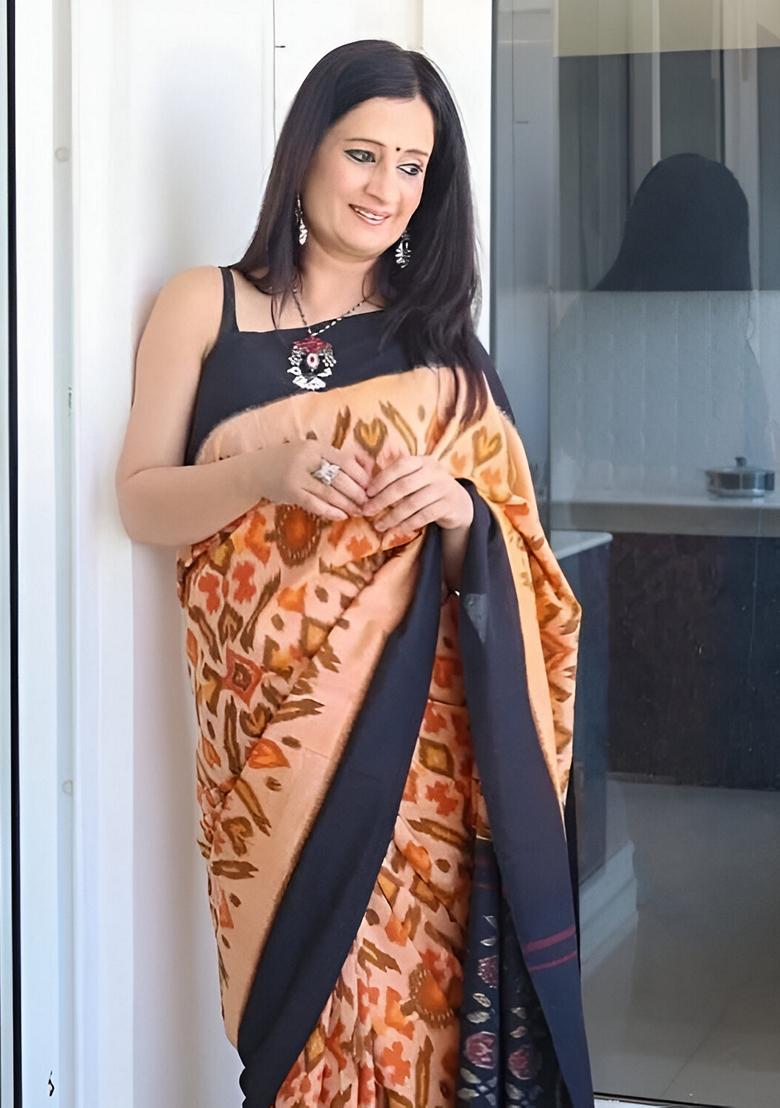 Cream Machine Embroidered Linen Saree Set