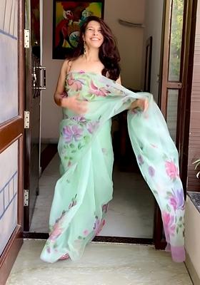 Sky Blue Machine Embroidered Organza Silk Saree Set