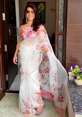White Machine Embroidered Organza Silk Saree Set