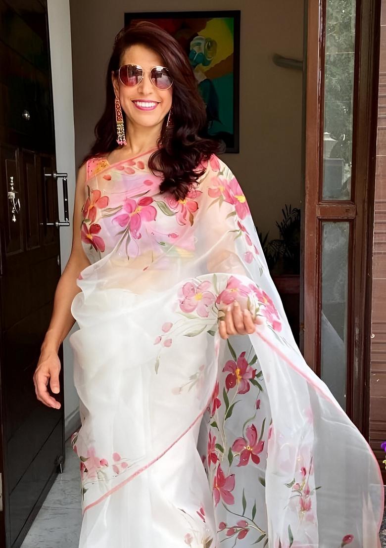 White Machine Embroidered Organza Silk Saree Set