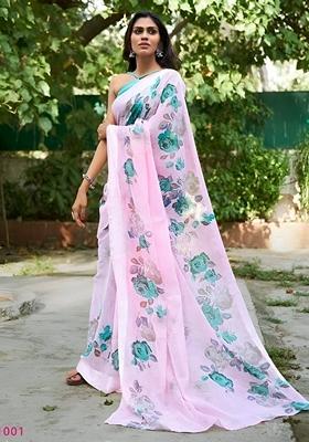 Pink Machine Embroidered Organza Silk Saree Set