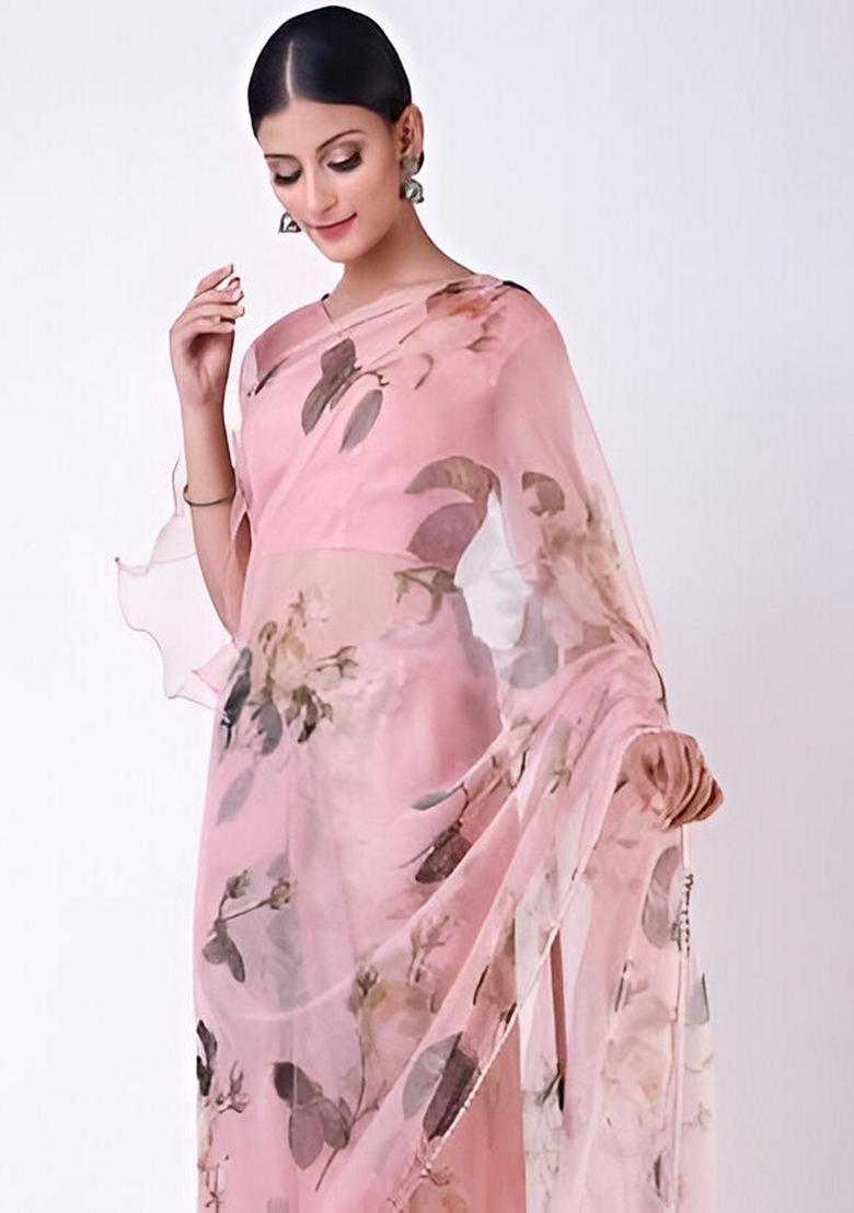 Pink Machine Embroidered Organza Silk Saree Set