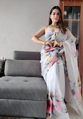 Grey Machine Embroidered Organza Silk Saree Set