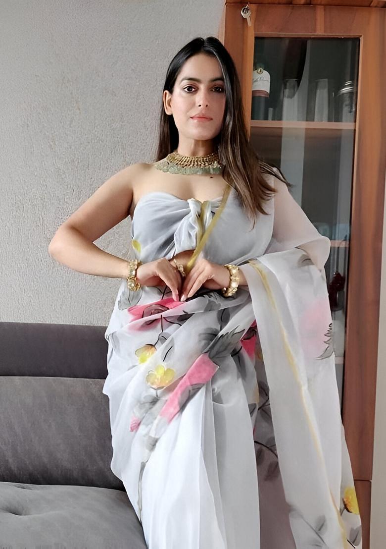 Grey Machine Embroidered Organza Silk Saree Set