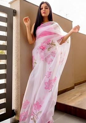 White Machine Embroidered Organza Silk Saree Set