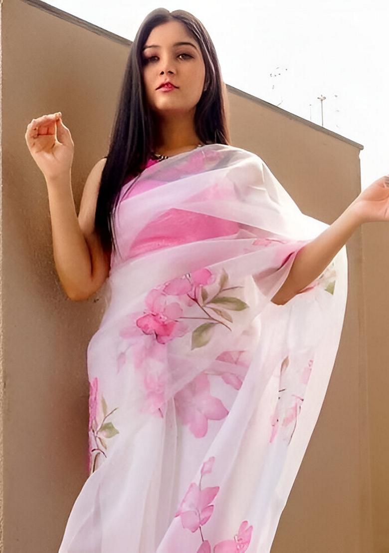 White Machine Embroidered Organza Silk Saree Set