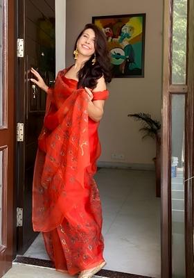 Orange Machine Embroidered Organza Silk Saree Set