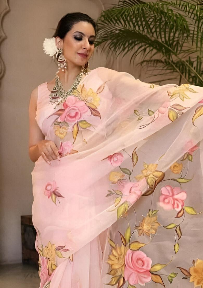 Peach Machine Embroidered Organza Silk Saree Set