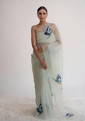 Mint Green Machine Embroidered Organza Silk Saree Set