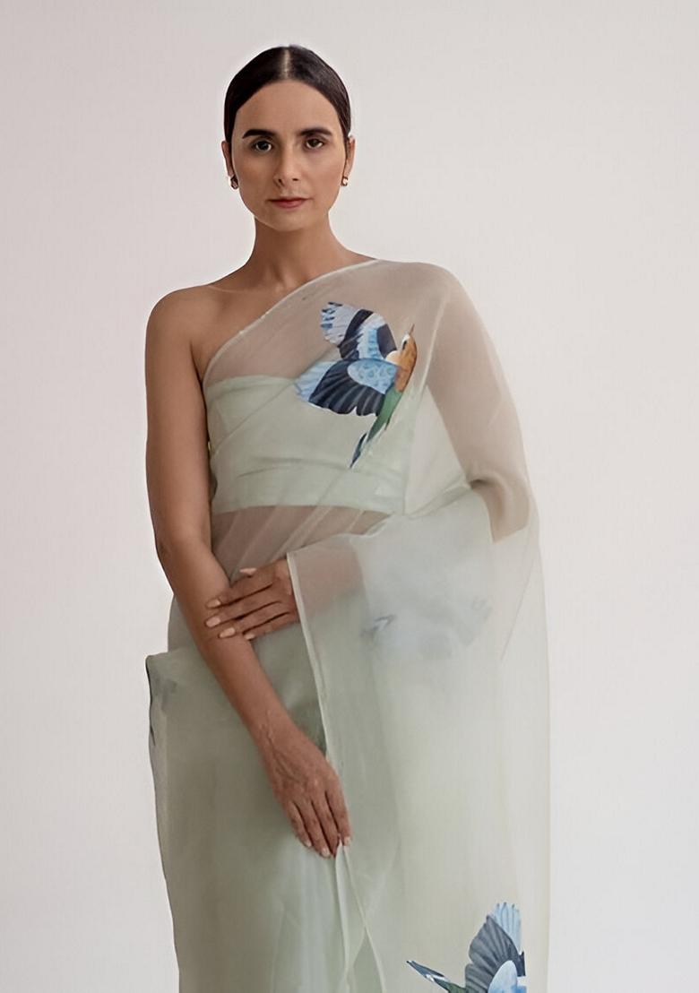 Mint Green Machine Embroidered Organza Silk Saree Set