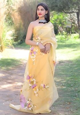 Yellow Machine Embroidered Organza Silk Saree Set