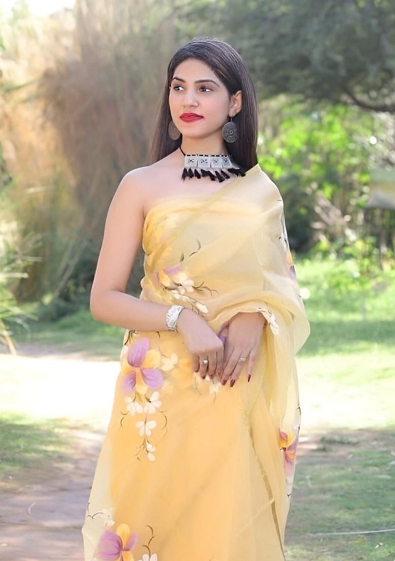 Yellow Machine Embroidered Organza Silk Saree Set