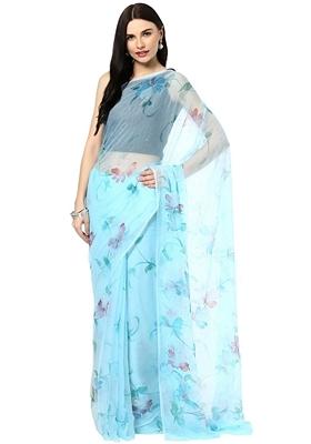 Sky Blue Machine Embroidered Organza Silk Saree Set