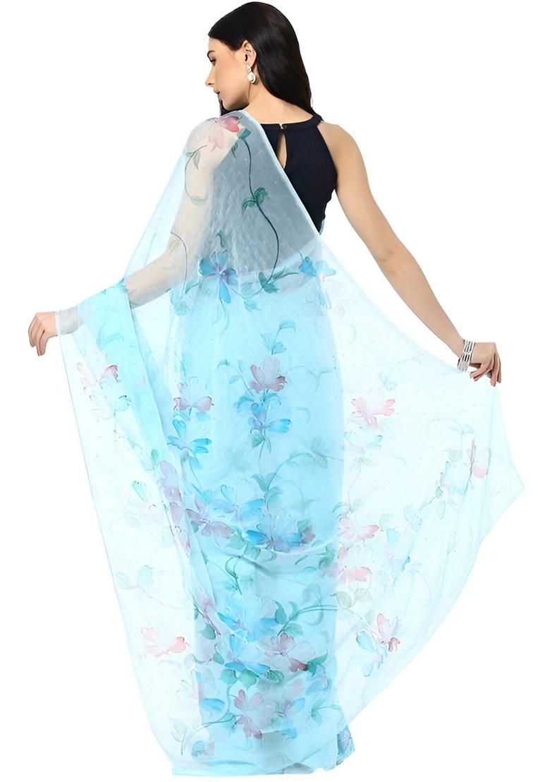 Sky Blue Machine Embroidered Organza Silk Saree Set