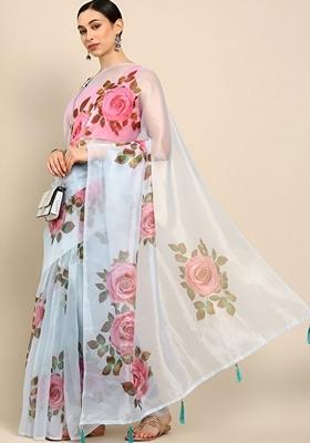 Sky Blue Machine Embroidered Organza Silk Saree Set