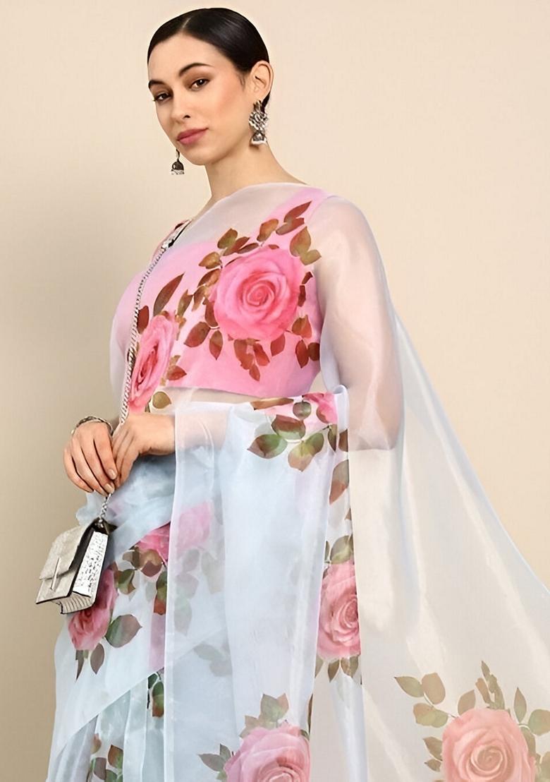 Sky Blue Machine Embroidered Organza Silk Saree Set