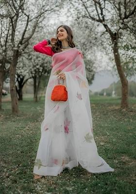 White Machine Embroidered Organza Silk Saree Set