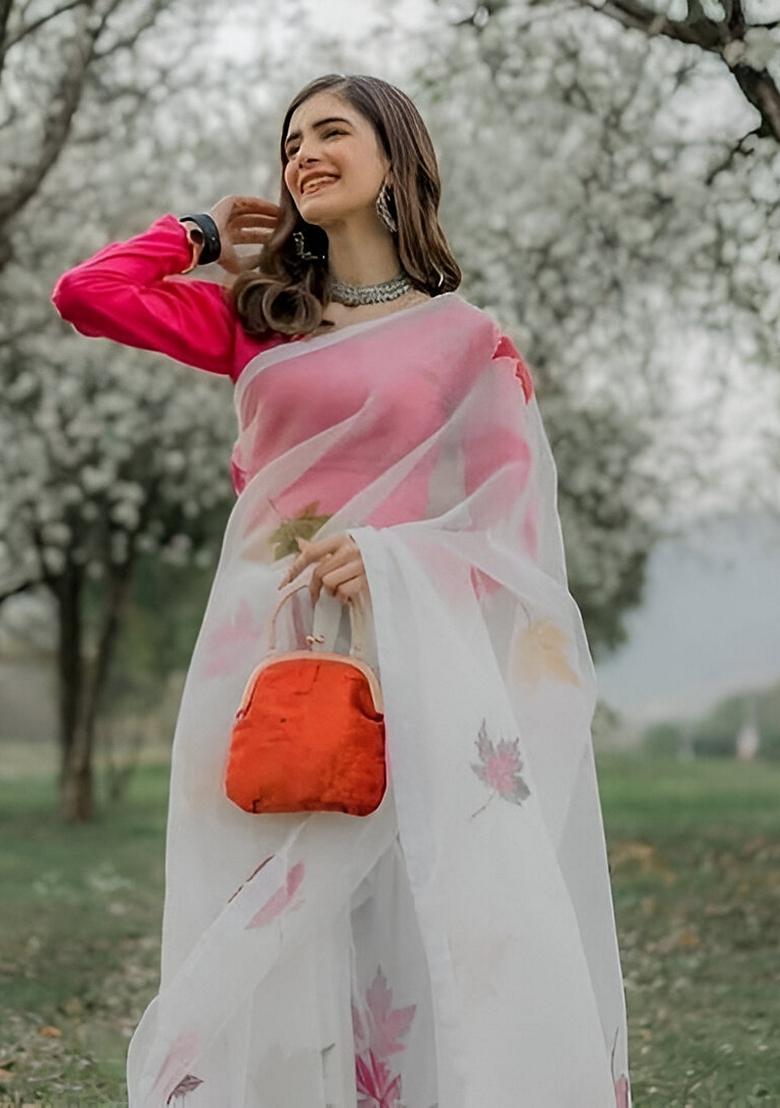 White Machine Embroidered Organza Silk Saree Set