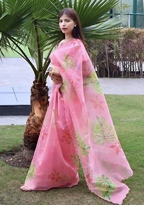 Pink Machine Embroidered Organza Silk Saree Set