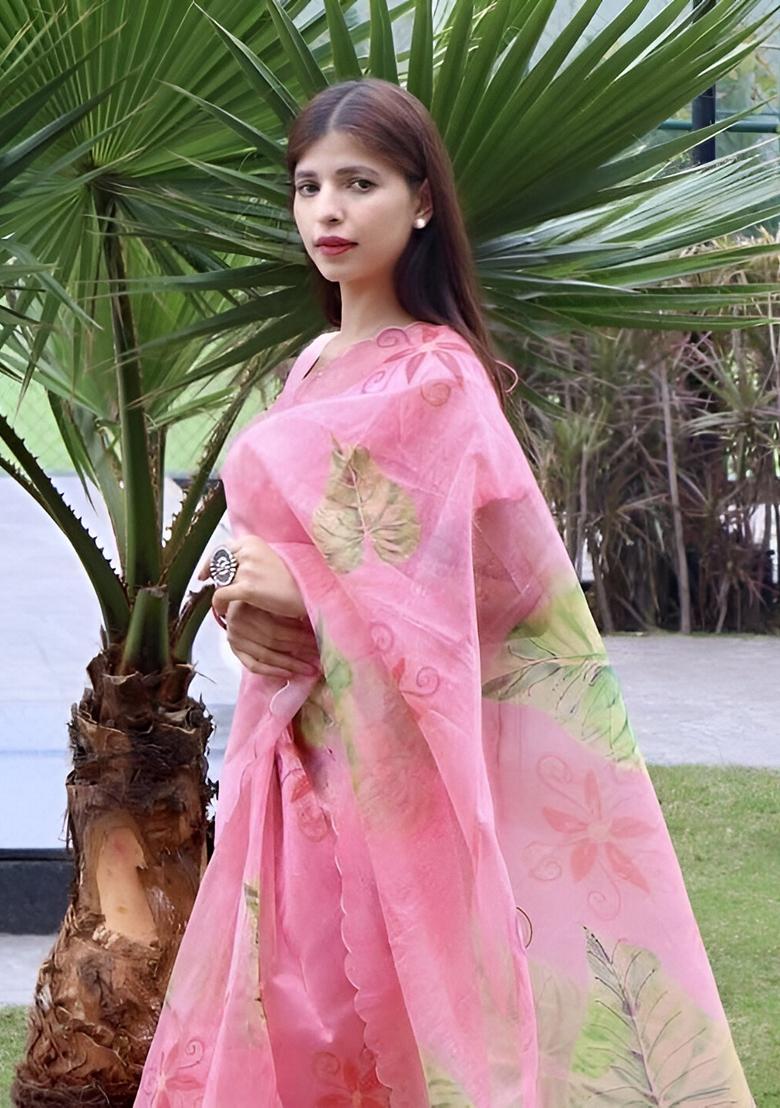 Pink Machine Embroidered Organza Silk Saree Set