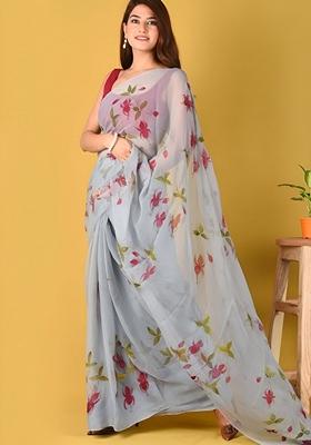 Grey Machine Embroidered Organza Silk Saree Set