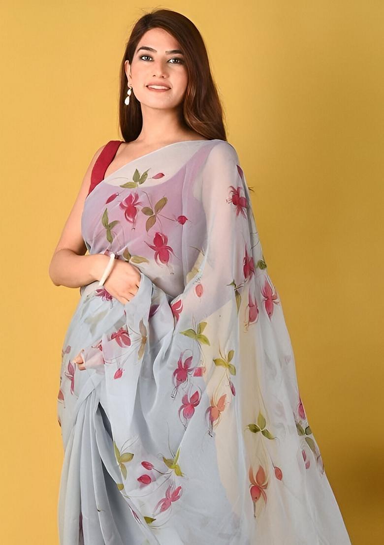 Grey Machine Embroidered Organza Silk Saree Set