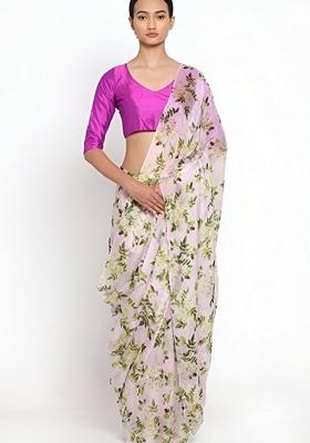 White Machine Embroidered Organza Silk Saree Set