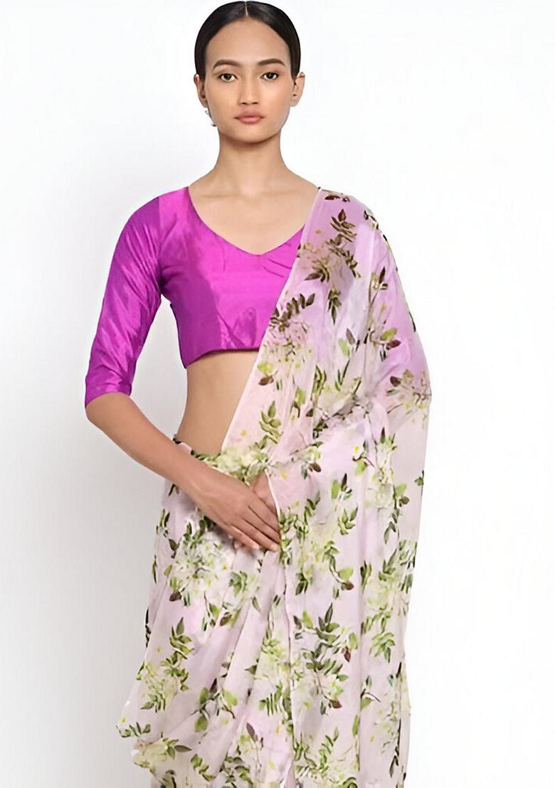 White Machine Embroidered Organza Silk Saree Set