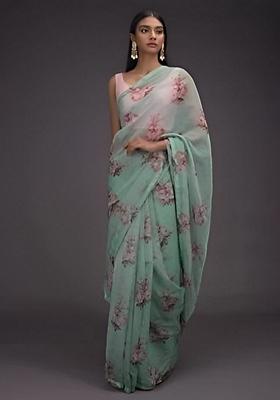 Mint Green Machine Embroidered Organza Silk Saree Set