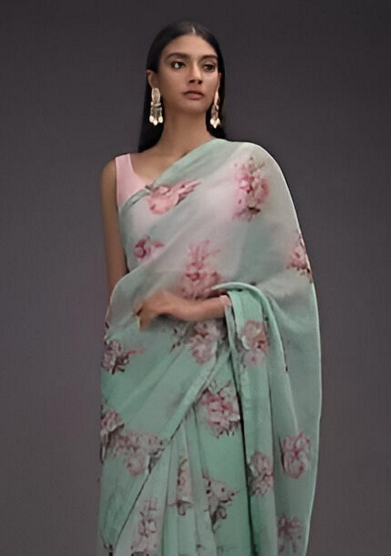 Mint Green Machine Embroidered Organza Silk Saree Set