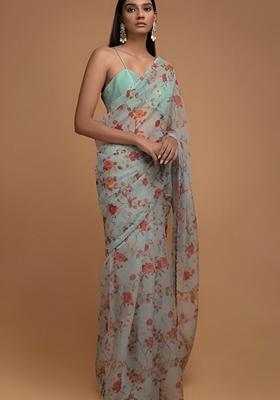 Grey Machine Embroidered Organza Silk Saree Set