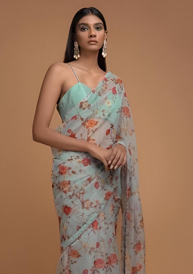 Grey Machine Embroidered Organza Silk Saree Set