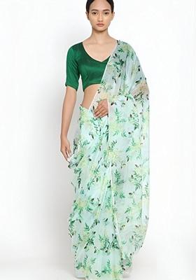 Mint Green Machine Embroidered Organza Silk Saree Set
