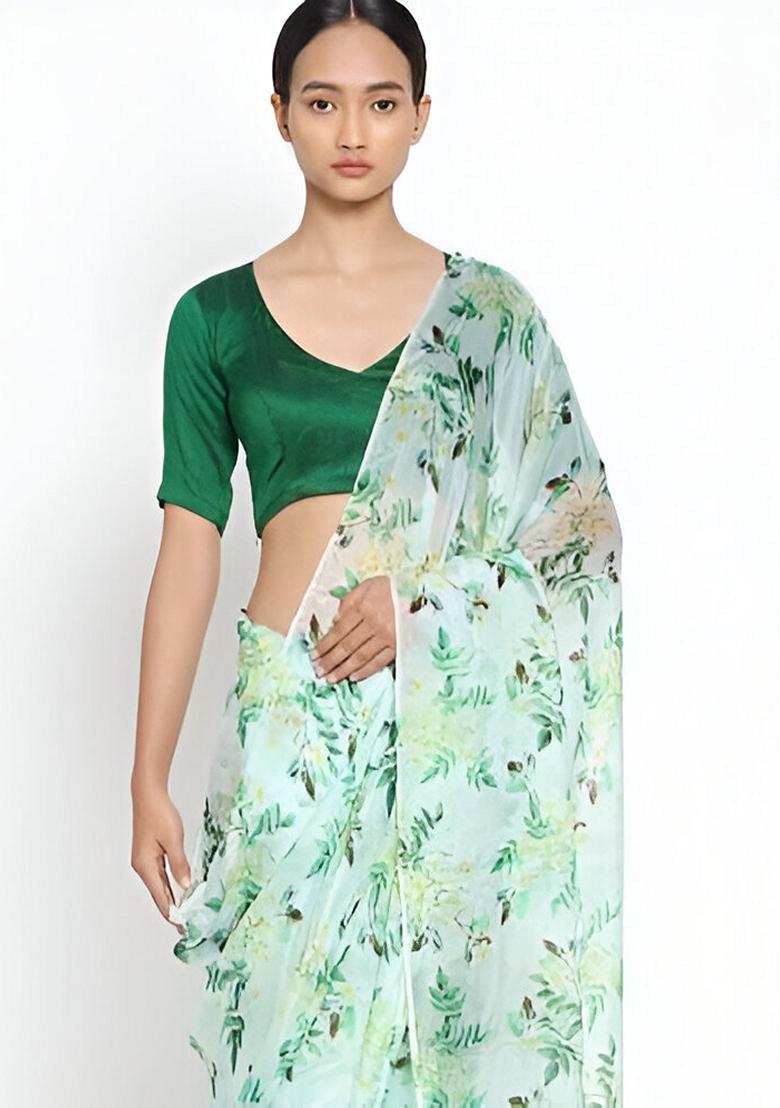 Mint Green Machine Embroidered Organza Silk Saree Set