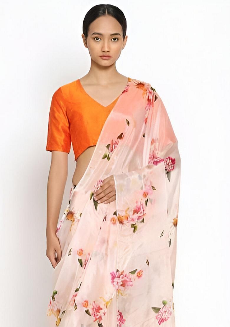 Peach Machine Embroidered Organza Silk Saree Set