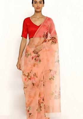 Peach Machine Embroidered Organza Silk Saree Set