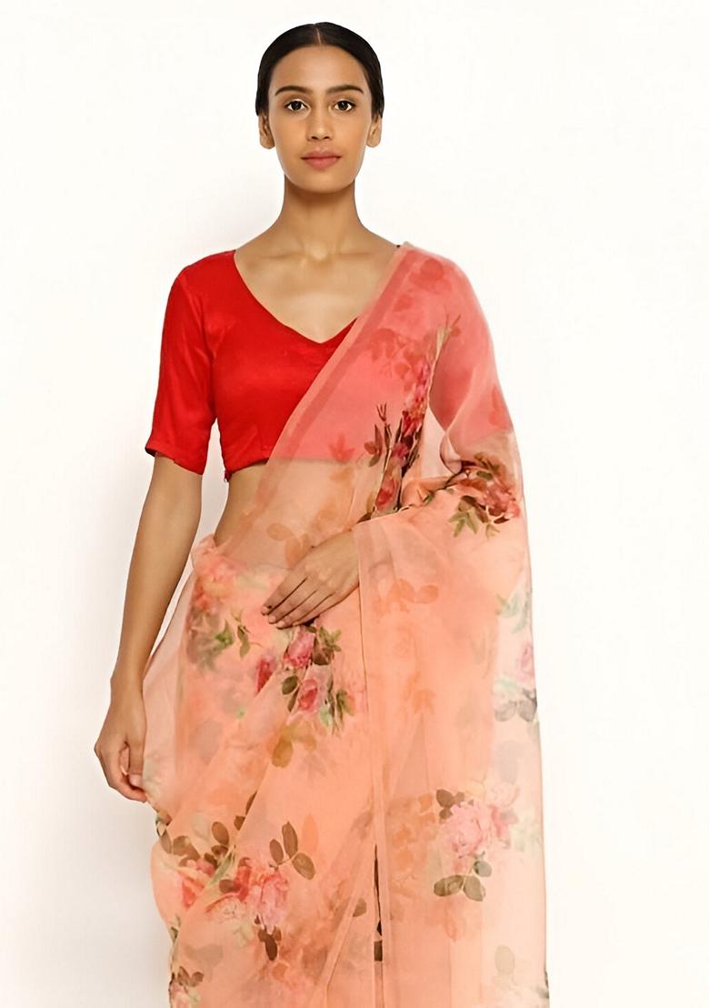 Peach Machine Embroidered Organza Silk Saree Set