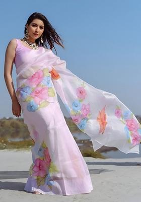 Pink Machine Embroidered Organza Silk Saree Set